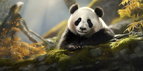  panda sitting in the forest with the sun shining through the trees bear in the woods with the sun shining luffy black and white panda with a content expression munching on bamboo leave - obrazy, fototapety, plakaty