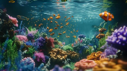Fototapeta na wymiar A vibrant coral reef with exotic fish swimming gracefully in crystal-clear waters.