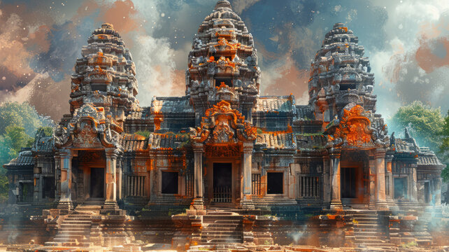 Prasat Phimai, ancient Khmer temple in Thailand, rendered in watercolor style,generative ai