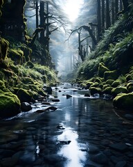 Panoramic view of a river flowing through a misty forest