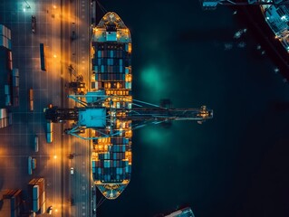 Aerial view of a cargo ship at night, illuminated and vibrant