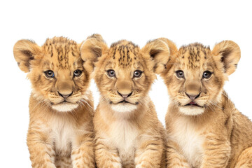 Three cute lion cubs posing together against a clean white backdrop