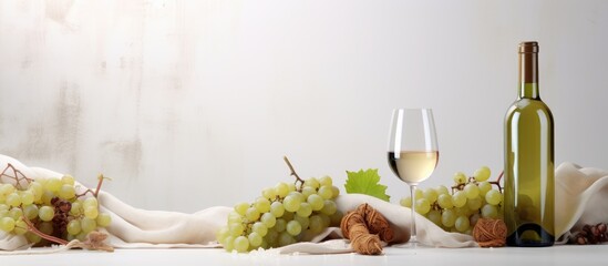 A table is elegantly set with a bottle of wine and a glass of wine placed side by side. The scene exudes sophistication and invites one to enjoy a glass of fine wine.
