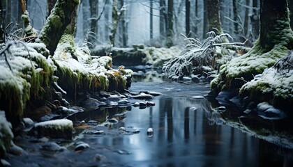 Winter forest with snow covered trees and small river. Long exposure.
