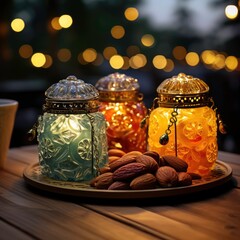 Arabian lantern, golden lamp and fruits. Islamic holidays decoration. Vintage style toned photo
