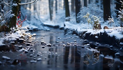 Stream in the forest in winter, panoramic view. Winter landscape.
