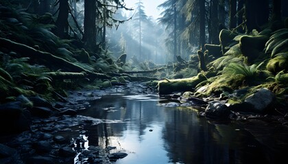 Panoramic view of a river flowing through a foggy forest