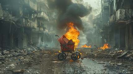 a vintage stroller burning in the middle of a big street of a destroyed city,generative ai - obrazy, fototapety, plakaty