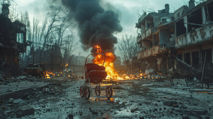 a vintage stroller burning in the middle of a big street of a destroyed city,generative ai