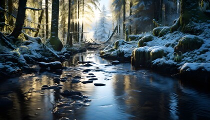A panoramic shot of a river flowing through a forest in winter