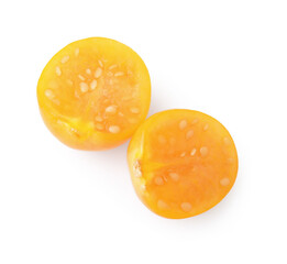 Cut ripe orange physalis fruit isolated on white, top view