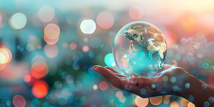 hands holding earth, global, blurred abstract nature,