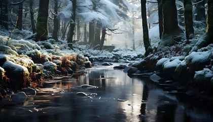 Foto auf Alu-Dibond Winter landscape with a river flowing through the forest. Long exposure. © Iman