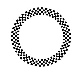 Checkered circle frame. Circle frame with checkerboard geometric pattern. Round chess border with black and white square pattern. Round race frame. Vector illustration on white background.