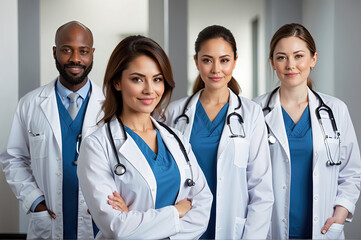 Fototapeta premium Team of medical professionals in hospital gowns in row