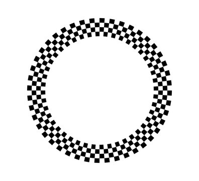 Checkered circle frame. Circle frame with checkerboard geometric pattern. Round chess border with black and white square pattern. Round race frame. Vector illustration on white background.