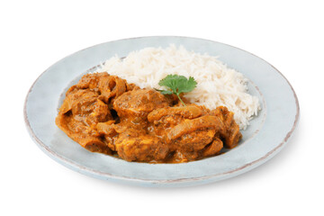 Delicious chicken curry with rice isolated on white