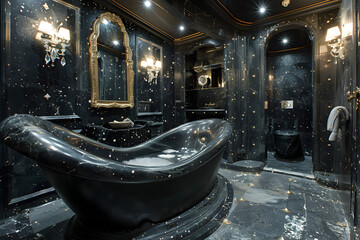 A luxury bathroom. Black marble features interior design.