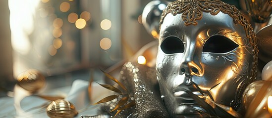 A close-up shot of a silver mask with a gold ornament sitting on top of a table. The mask appears to be intricate and detailed, possibly part of a costume or decoration for a Purim carnival. - obrazy, fototapety, plakaty
