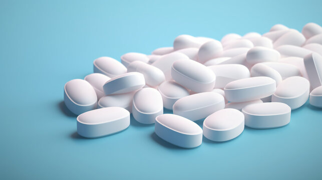 Pile of white oblong tablets pills on gradient background
