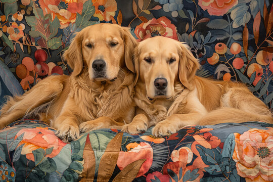 Resting Golden retriever dogs in a colorful berries garden, inkblot,generative ai