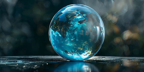 Abstract blue sphere render shiny blue glass ball that has a light shining through Close up texture of a clear glass sphere - obrazy, fototapety, plakaty