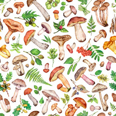 Watercolor forest seamless pattern with mushrooms, ferns, leaves, acorns. Hand painted forest...