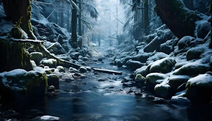 Panoramic view of winter forest with snow covered trees and stream