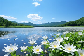 Tranquil lake landscape with beautiful lilies and reeds reflecting on the smooth water surface - obrazy, fototapety, plakaty