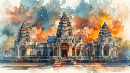 Prasat Phimai, ancient Khmer temple in Thailand, rendered in watercolor style,generative ai - obrazy, fototapety, plakaty