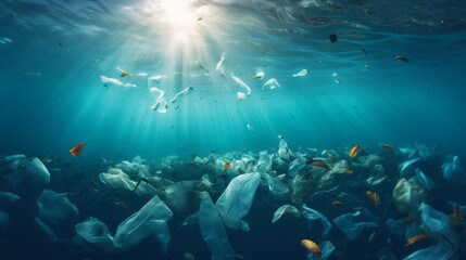 Fototapeta na wymiar Plastic pollution of the ocean underwater photo.