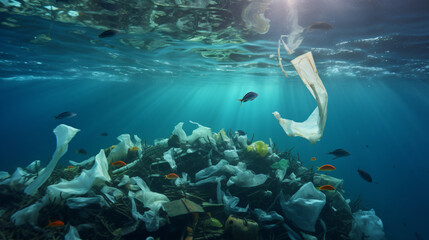 Plastic pollution of the ocean underwater photo.
