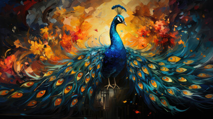 peacock bird with beautiful feathers painting in a style depicting dark emerald blue with a yellow green animal background created with Generative AI Technology