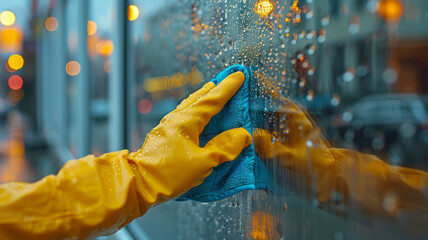 Hand with a glove and a cleaning cloth wiping drops from a window or glass. Worker or cleaner,generative ai