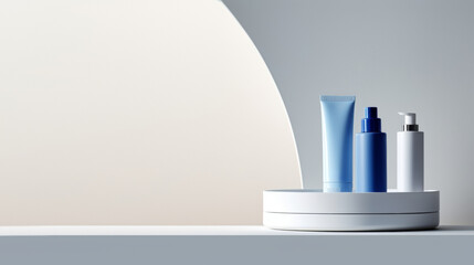 A sleek cosmetic mockup scene featuring a cream jar, serum pump bottle, and tube on a geometric platform against a dual-tone background