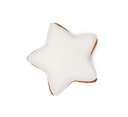 Tasty star shaped Christmas cookie with icing isolated on white, top view