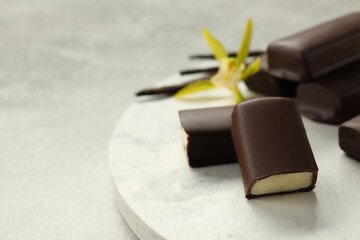 Glazed curd cheese bars, vanilla pods and flower on grey table, closeup. Space for text