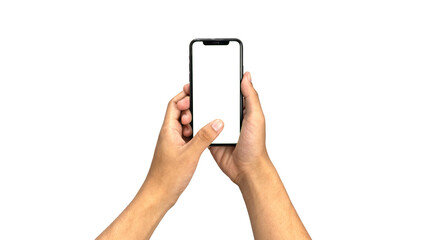 Close up hand holding modern smart phone mockup. New modern black frameless smartphone mockup with...