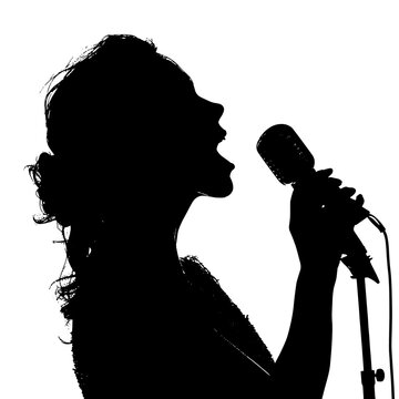 Silhouette of a female diva vocalist singing with a microphone which is used by a singer in a performance at a concert in a hall or club, Generative AI stock illustration image