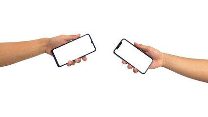 Close up hand holding modern smart phone mockup. New modern black frameless smartphone mockup with...