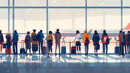 Airport Terminal: Silhouette of happy people wait for departure at airport lounge room together before vacation. Adventure concept. Person look out of Window for Arriving Airplanes. Flight Boarding.