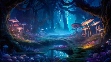 Foto op Canvas An enchanted forest in the night, with luminescent plants and mushrooms © Adrian Grosu