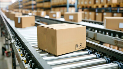 A conveyor belt in a distribution warehouse with cardboard box packages on it, ready for delivery