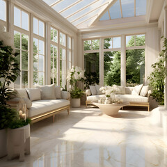 Fototapeta premium 3d render of a living room with a large window and a white sofa
