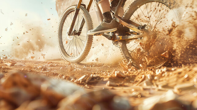 A mountain bike rider jumping in desert
