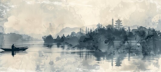 Monochrome Chinese ink wash painting style illustration depicting a serene lakescape with a solitary boatman, traditional architecture, and distant hills
