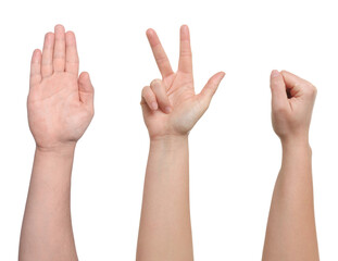 People playing rock, paper and scissors on white background, closeup