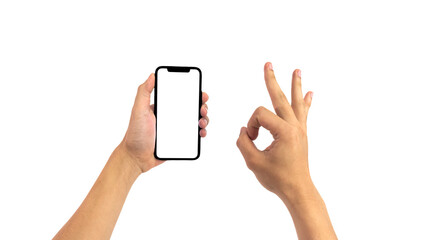 Close up hand holding modern smart phone mockup. New modern black frameless smartphone mockup with...