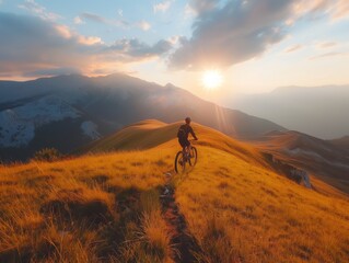 An adventurous cyclist rides along a mountain trail overlooking a river at sunset, embodying freedom and exploration