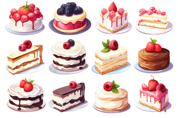 simple vector of assorted dessert cakes with detailed fruit and cream toppings on a white background created with Generative AI Technology